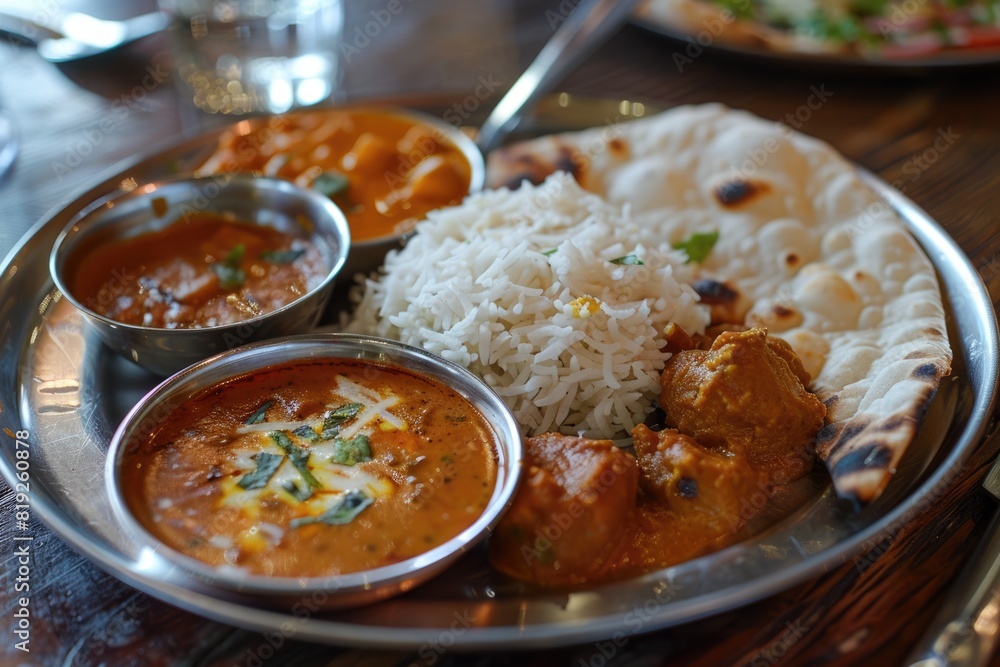 Food Culture: Authentic Indian Dish with Curry Sauce and Fluffy Rice on Steel Plate