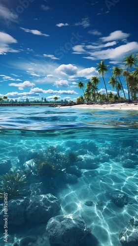 Blue ocean with palm trees in the background. The water is clear and the sky is blue