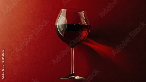  Red wall in background, close-up of wine glass on table, casting shadow onto wall