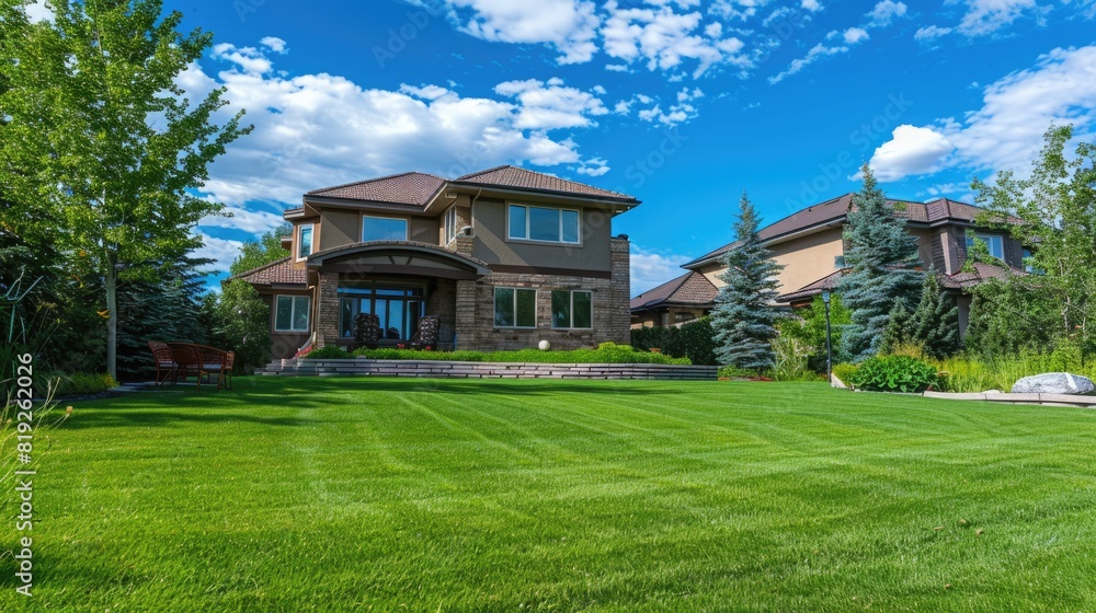 Obraz premium Landscaping Lawn Care. Estate Home with Green Grass Lawn in St. Albert, Alberta, Canada