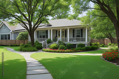 A Front Yard of a House with walk way and grass Ai Generated