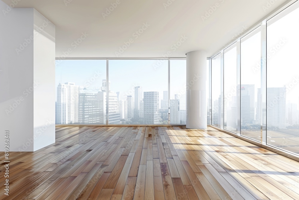 Obraz premium Flooring Home Interior. Clean and Modern Apartment with Hardwood Floors in City Background