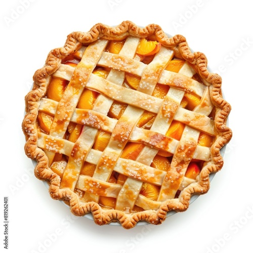 Peach pie with a flaky lattice crust and a juicy peach filling, white background, side and top view, dessert bundle