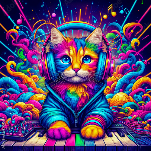 Vibrant colorful illustration of a cat wearing headphones listening to music © The A.I Studio