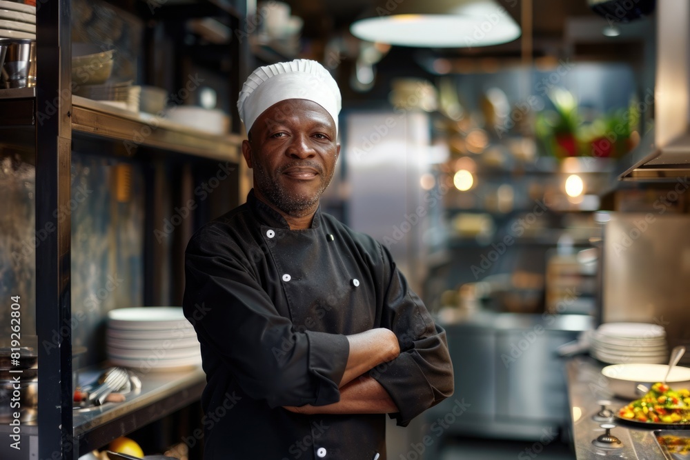Black Restaurant Chef in Action: African American Cook at Kitchen with Copy Space Black Restaurant Chef in Action: African American Cook at Kitchen with Copy Space