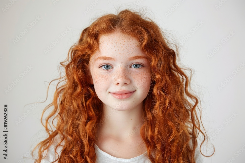 White Teen Girl. Beautiful Red-Haired Teenager Girl Smiling Happily on White Background White Teen Girl. Beautiful Red-Haired Teenager Girl Smiling Happily on White Background
