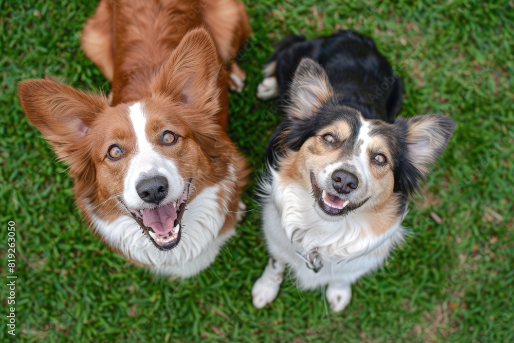 Happy Dogs. Two Cute Dogs Sitting Together on Green Grass and Looking Up with Loyalty Happy Dogs. Two Cute Dogs Sitting Together on Green Grass and Looking Up with Loyalty