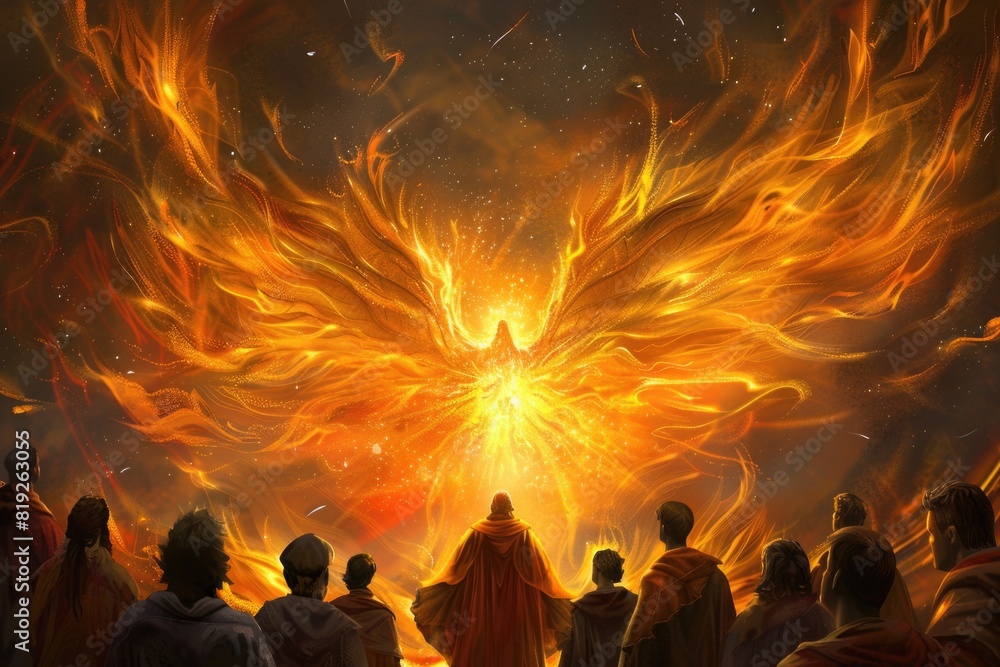 Pentecost Sunday. The Holy Spirit Comes as Tongues of Fire. Digital illustration of the Holy Spirit descending on the believers. Rear view