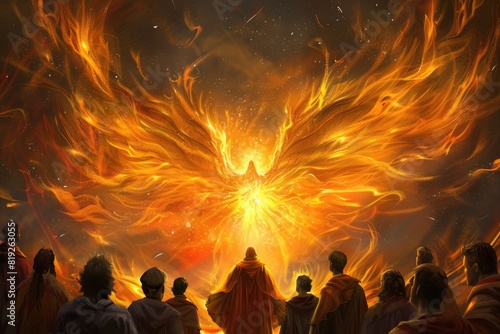 Pentecost Sunday. The Holy Spirit Comes as Tongues of Fire. Digital illustration of the Holy Spirit descending on the believers. Rear view © Vladyslav  Andrukhiv