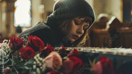 People and mourning concept. Woman with rose flowers and coffin at funeral in church photo