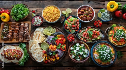 A vibrant scene showcasing a colorful and diverse spread of dishes displayed on a rustic wooden table. Shot from directly overhead  the composition highlights the variety