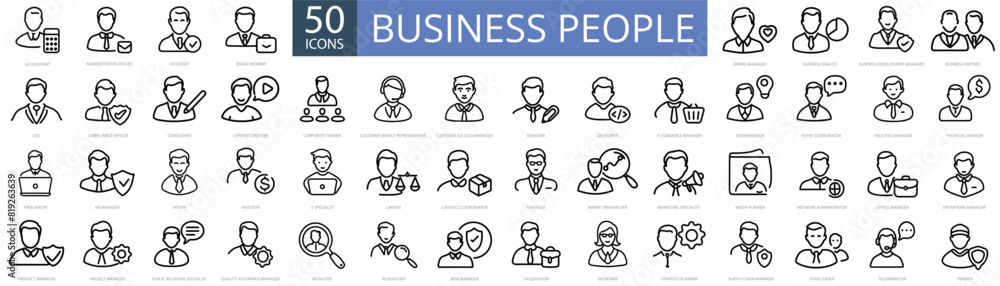 Set of 50 Business People Icons. Outline Icons of Business Professions and Roles, human resources, office management - thin line web icon set. Outline icons collection. Simple vector illustration