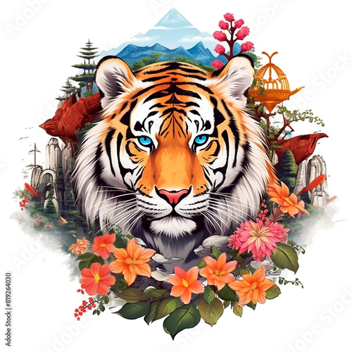Floral Tiger Image  for Stickers  T-Shirt Print  Cap  Mug  Slippers  Mousepad  with Transparent Background PNG