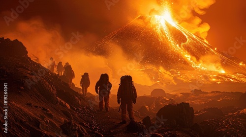  People in fireproof clothes walking near an active volcano photo
