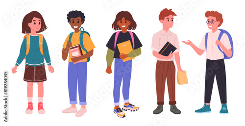 Junior high school students. Middle school students with backpacks and books, happy friends going to school flat vector illustration set. Male and female school pupils