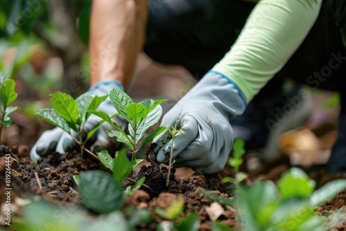 Person planting trees in a community garden, showcasing the spirit of volunteering and environmental conservation.