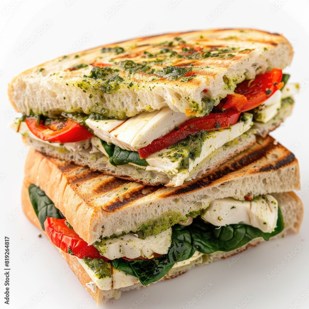 Pesto chicken panini with roasted red peppers, mozzarella cheese, and spinach on focaccia bread, white background