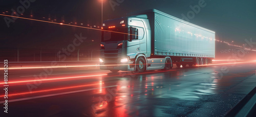 Truck Driving Down City Street at Night