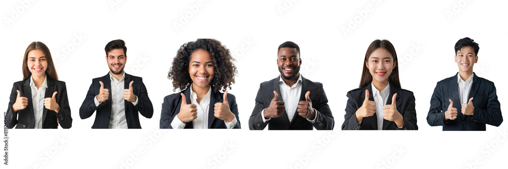 Set of people smiling and standing and showing thumbs up, business executives isolated on a transparent background