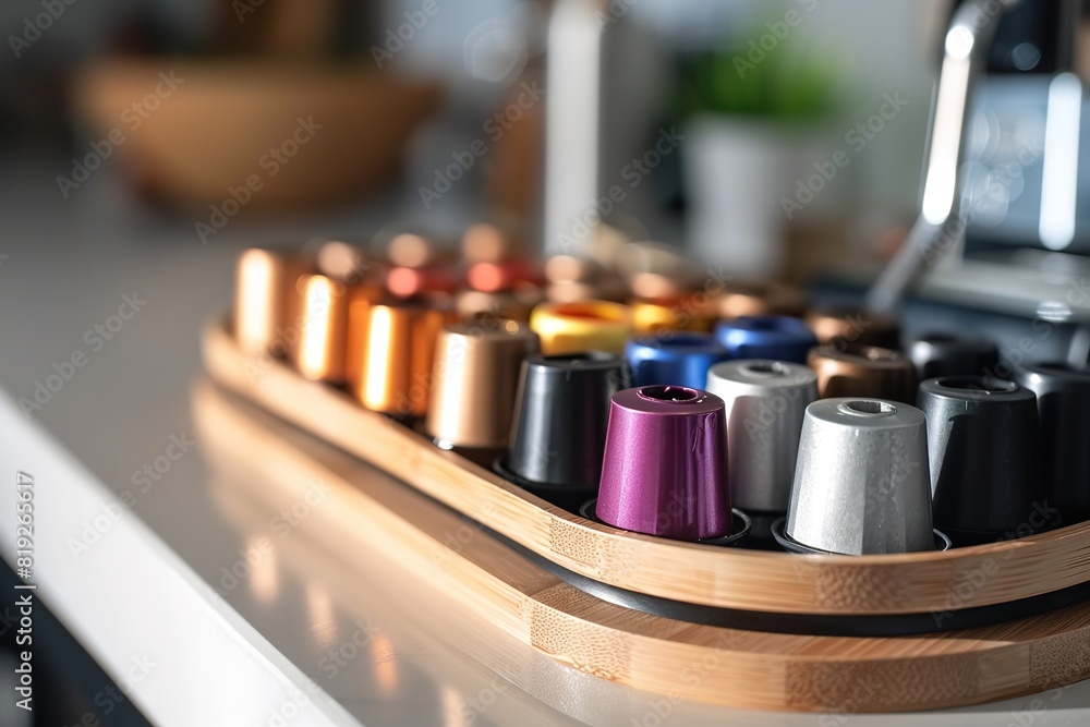 Colorful coffee capsules on a wooden stand in a kitchen setup.