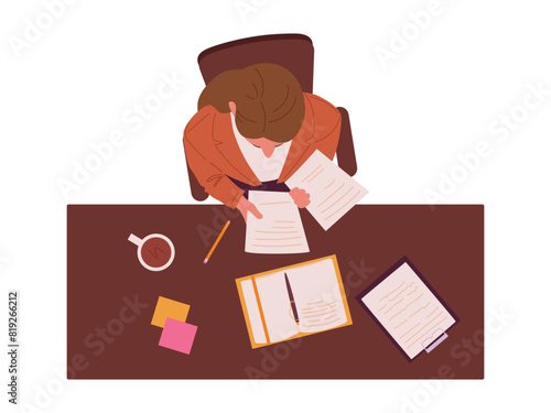 Teacher top view. School or college teacher sitting at desk in classroom view from above flat vector illustration. Teacher in classroom top view © GreenSkyStudio