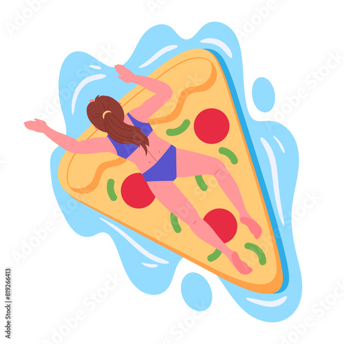 Woman on inflatable mattress. Girl swimming on pizza shaped inflatable toy in swimming pool or sea flat vector illustration. Female character relaxing on pizza rubber mattress