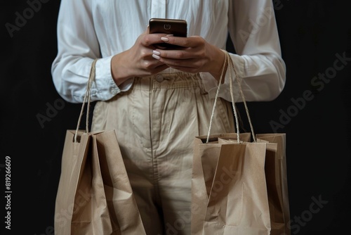 Woman Holding Shopping Bags and Cell Phone
