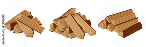 Wooden logs. Bonfire firewood  wood industry materials flat vector illustration set. Cartoon stacked firewood on white