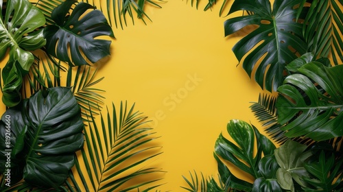 Vibrant green tropical leaves contrast against a bright yellow background