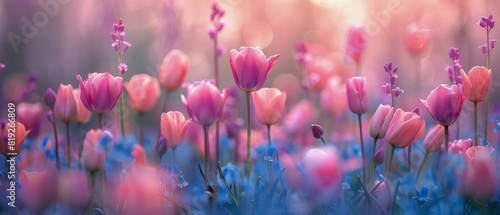 A Field of Pink and Blue Tulips in the Sun #819266809