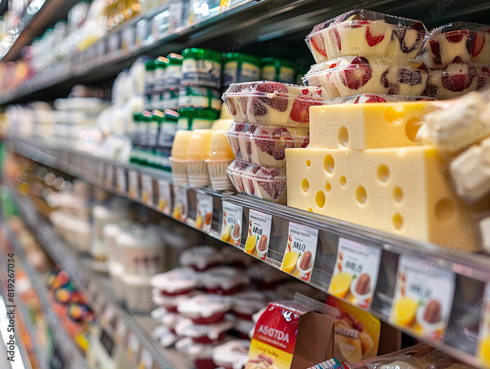 Variety of dairy products on supermarket shelves