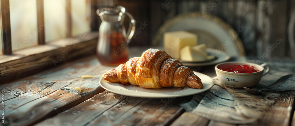 A freshly baked classic French croissant dusted with powdered sugar, served with butter and jam on a rustic wooden table..