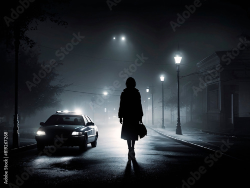 Stop violence, single woman silhouette near the police car at night