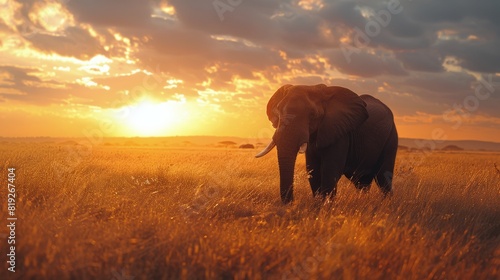 Elephant Walking Through Grassy Field at Sunset