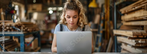 Young Woman Using Laptop in Workshop