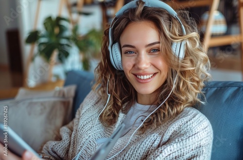 Young Woman Listening to Music on a Tablet on a Couch