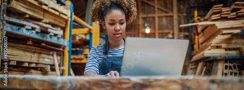 Young Woman Using Laptop in Workshop