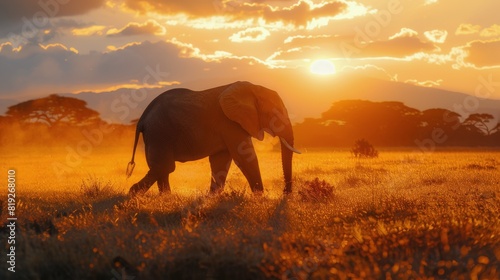 Elephant Walking in Field at Sunset