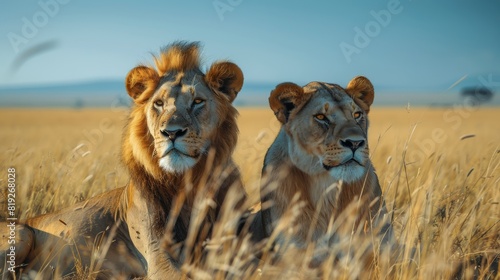 Two Lions Sitting in Tall Grass