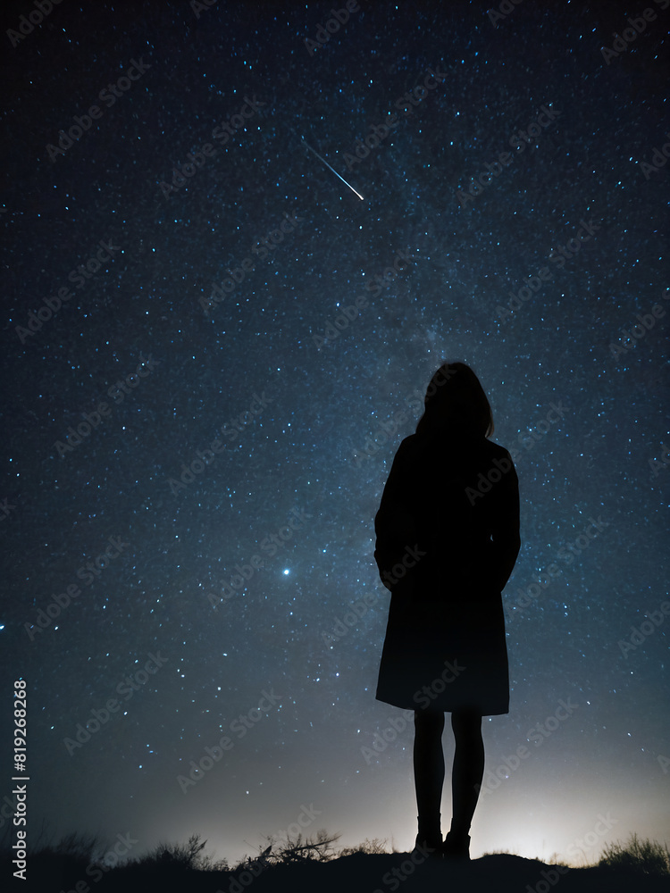 Obraz premium woman looking at the night sky wishing upon a falling star