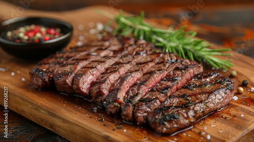 Medium rare sliced grilled striploin beef steak served on wooden board