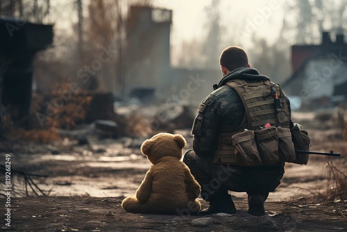 Military man with a teddy bear. Soft toy on the back of a soldier. A man in military uniform with a weapon, rear view. photo