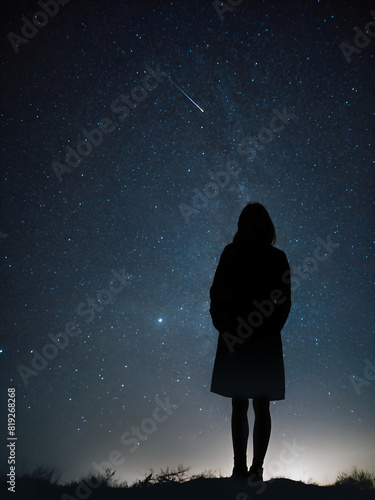 woman looking at the night sky wishing upon a falling star