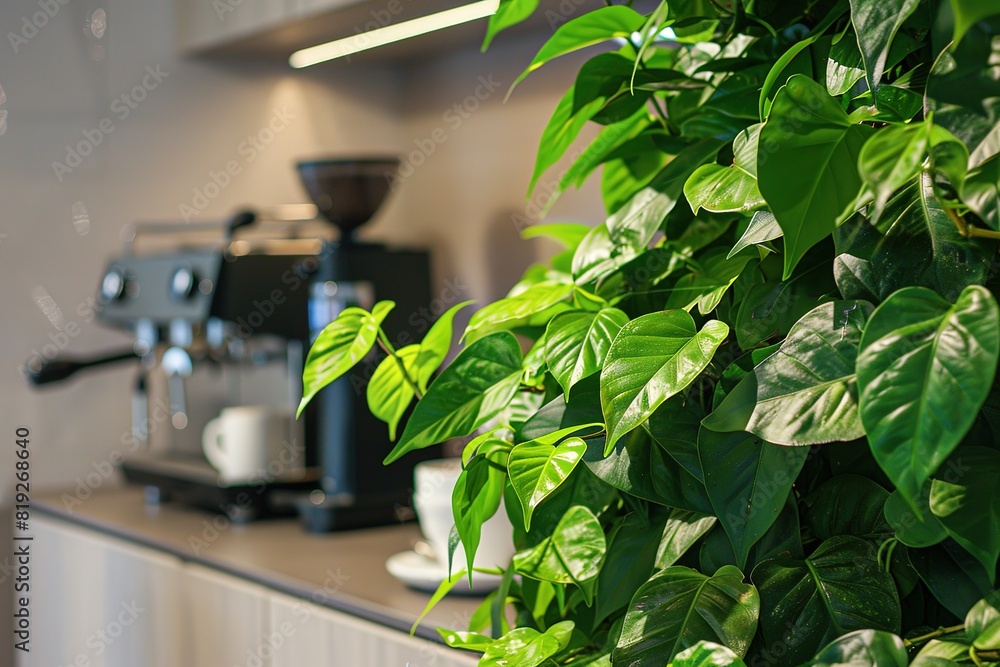 Green foliage in foreground with espresso machine and grinder bl Green foliage in foreground with espresso machine and grinder bl
