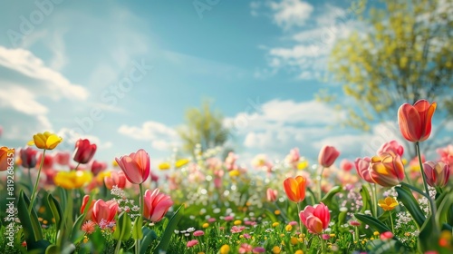 Vibrant spring backgrounds with colorful flowers  blue skies  and celebratory new life