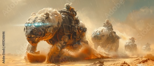 Futuristic nomads riding mechanical beasts through a sandstorm, with protective gear and illuminated goggles photo