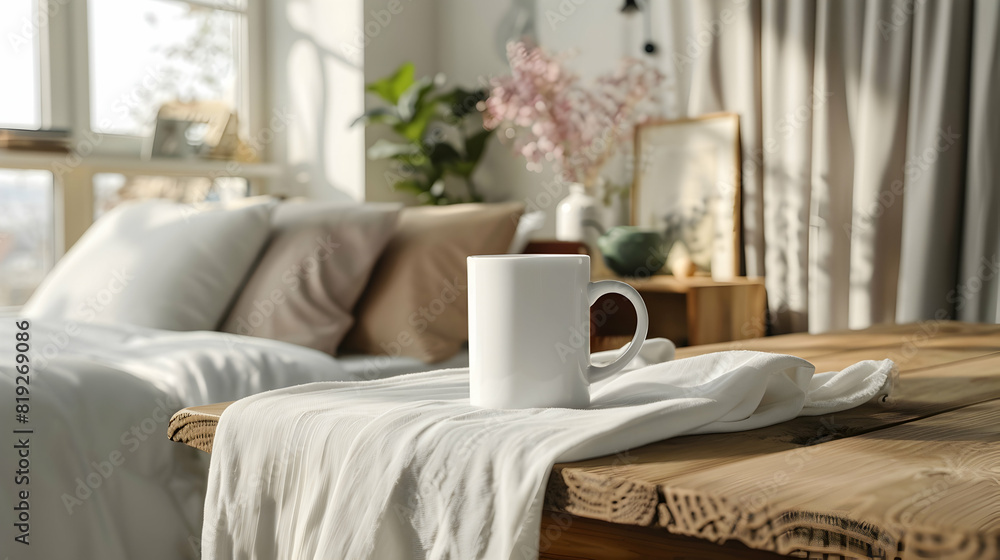 Mock up. White blank coffee mug standing on wooden bedside table near bed in cozy bedroom. Blank coffee cup mug mockup template PHOTOGRAPHY


