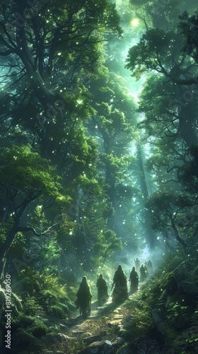 Ancient forest spirits guiding travelers through a dense  mystical forest  their forms glowing softly in the twilight