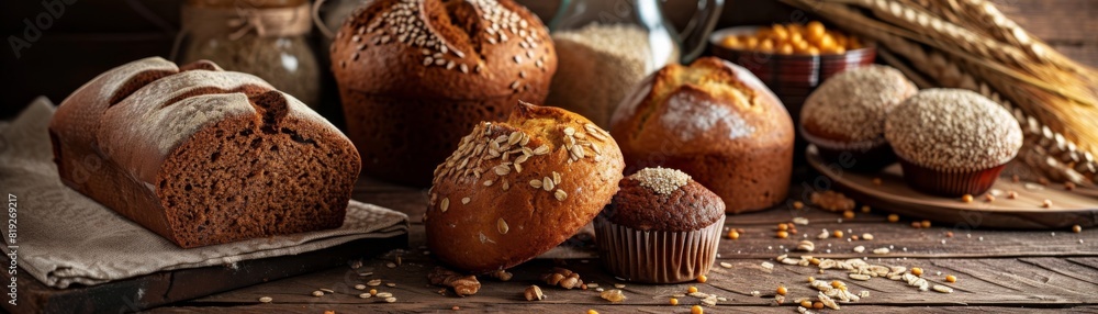 A rustic assortment of fresh bread and muffins on a wooden table, bakery background A rustic assortment of fresh bread and muffins on a wooden table, bakery background