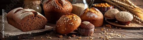 A rustic assortment of fresh bread and muffins on a wooden table, bakery background